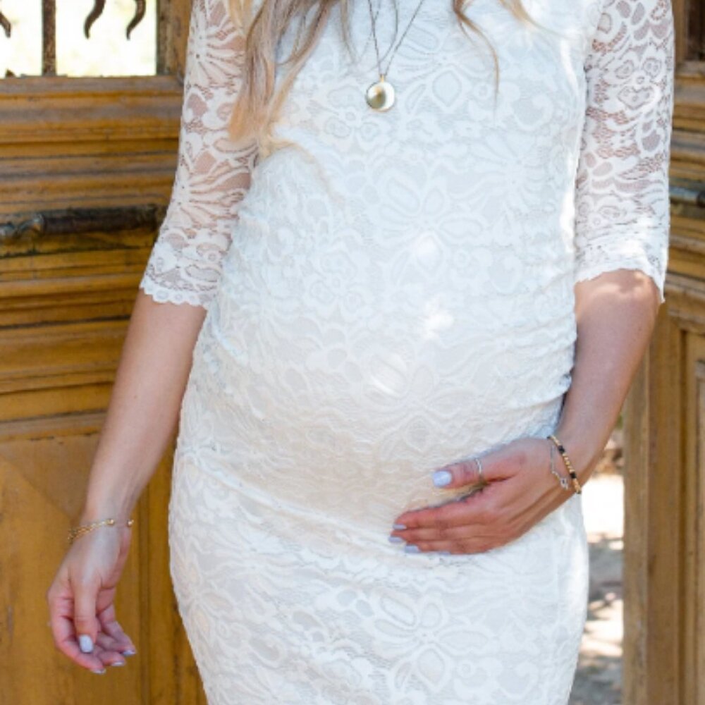 Ivory Lace Fitted 3/4 Sleeve Maternity Dress